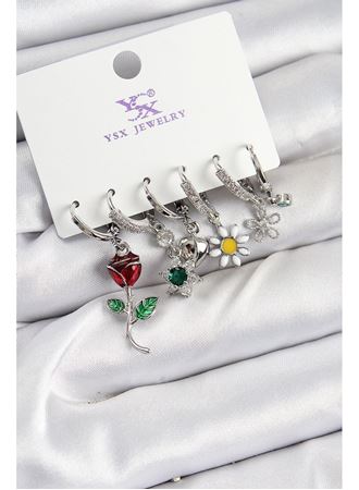 Pirinç Zİrkon Taşlı Gül Ve Papatya Model Gümüş Renk 3'lü Çift Kadın Küpe