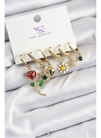 Pirinç Zİrkon Taşlı Gül Ve Papatya Model Gold Renk 3'lü Çift Kadın Küpe