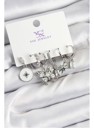 Pirinç Zİrkon Taşlı Kelebek ve Yıldız Model Gümüş Renk 3'lü Çift Kadın Küpe