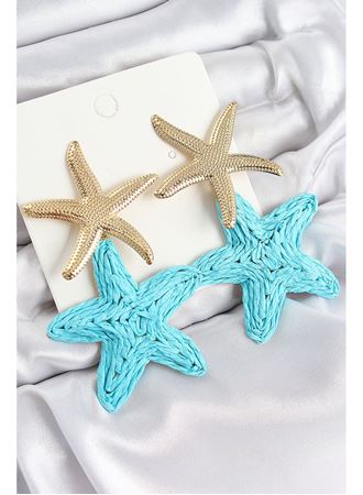 Pirinç Sallantılı Turkuaz Deniz Yıldızı Model Gold Renk Hasır Küpe