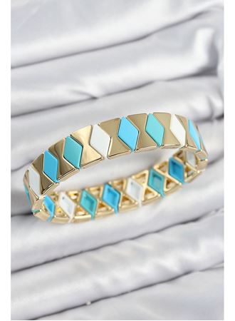 Pirinç Baklava Desenli Mavi Beyaz Gold Renk Lastikli Kadın Bileklik