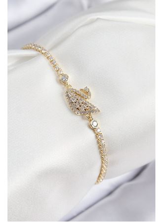 Pirinç Zirkon Taşlı Kuğu Model Gold Renk Kadın Bileklik