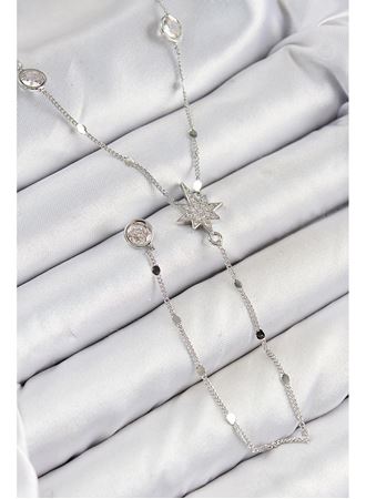 Pirinç Zirkon Taşlı Kutup Yıldızı Model Gümüş Renk Y Kolye