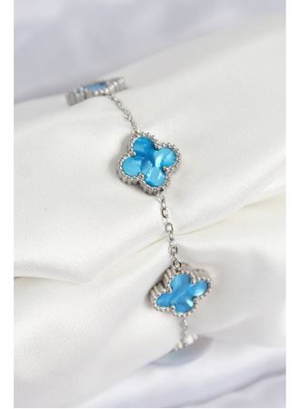 316L Çelik Sedefli Gökyüzü Mavisi Gümüş Renk Yonca Kadın Bileklik