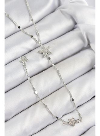 Pirinç Zirkon Taşlı Yıldız Model Gümüş Renk Y Kolye