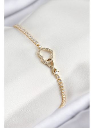 Pirinç Zirkon Taşlı Sonsuzluk Kalp Model Gold Renk Kadın Bileklik