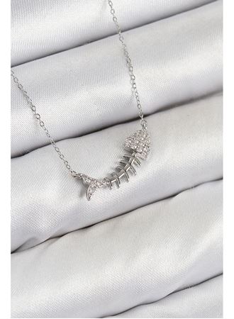 Pirinç Zirkon Taşlı Balık Kılçığı Model Gümüş Renk Kadın Kolye