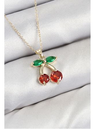 Pirinç Zirkon Taşlı Kiraz Model Gold Renk Kadın Kolye