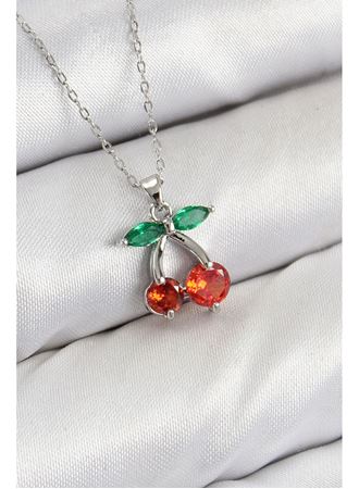 Pirinç Zirkon Taşlı Kiraz Model Gümüş Renk Kadın Kolye