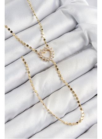 Pirinç Zirkon Taşlı Ezme Zincirli Kalp Model Gold Renk Y Kolye