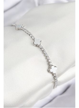 Pirinç Zirkon Taşlı Yonca Model Gümüş Renk Kadın Bileklik