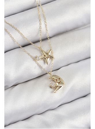 Pirinç Zirkon Taşlı Yıldız Ve Ay Model Gold Renk Kadın Kolye