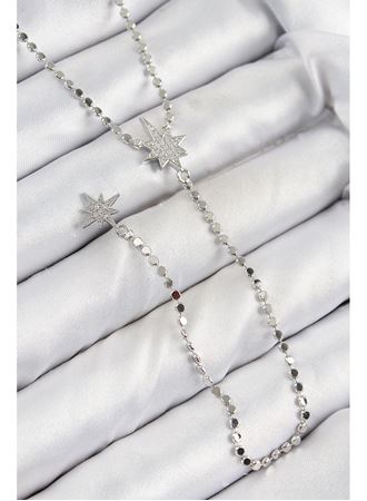 Pirinç Zirkon Taşlı Ezme Zincirli Kutup Yıldızı Model Gümüş Renk Y Kolye