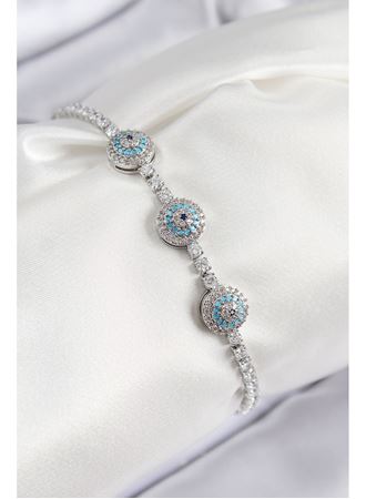 Pirinç Zirkon Taşlı Nazar Model Gümüş Renk Kadın Bileklik