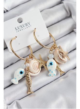 Pirinç Sallantılı Seramik Balık Ve Deniz Kabuğu Model Gold Renk Kadın Küpe