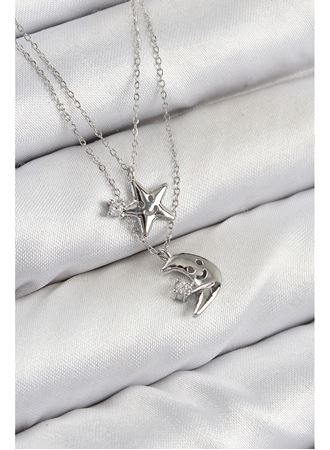 Pirinç Zirkon Taşlı Yıldız Ve Ay Model Gümüş Renk Kadın Kolye