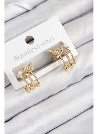 Pirinç Zirkon Taşlı İnci Detaylı Balık Kuyruğu Model Gold Renk Kadın Küpe