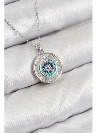 Pirinç Zirkon Taşlı Su Yolu Nazar Model Gümüş Renk Kadın Kolye