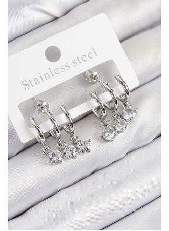 Pirinç Sallantılı Zirkon Taşlı Model Gümüş Renk Kadın Küpe