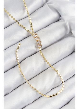 Pirinç Zirkon Taşlı Ezme Zincirli Model Gold Renk Y Kolye
