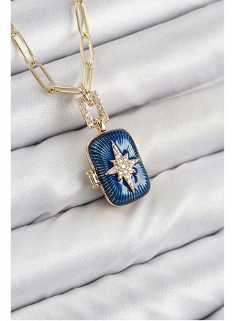 Pirinç Zirkon Taşlı Açılabilir Kutup Yıldızı Model Gold Renk Kadın Kolye