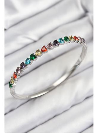 Pirinç Renkli Zirkon Taşlı Kalp Model Gümüş Renk Kadın Kelepçe