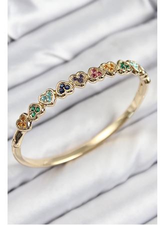 Pirinç Renkli Zirkon Taşlı Sıralı Kalp Model Gold Renk Kadın Kelepçe