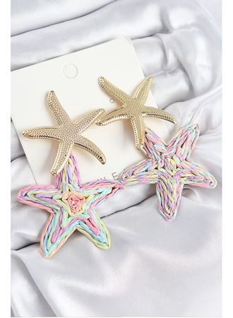 Pirinç Sallantılı Rainbow Deniz Yıldızı Model Gold Renk Hasır Küpe