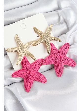 Pirinç Sallantılı Pembe Deniz Yıldızı Model Gold Renk Hasır Küpe