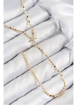 Pirinç Zirkon Taşlı Ezme Zincirli Deniz Yıldızı Model Gold Renk Y Kolye