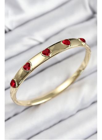 Pirinç Zirkon Taşlı Kırmızı Kalp Model Gold Renk Kadın Kelepçe