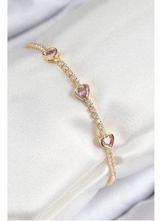 Pirinç Zirkon Taşlı Pembe Kalp Model Gold Renk Kadın Bileklik