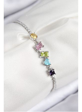 Pirinç Renkli Zirkon Taşlı Geometrik Model Gümüş Renk Kadın Bileklik