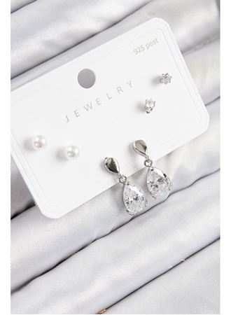 Pirinç Zirkon Taşlı Sallantılı Damla Model Gümüş Renk 925 Ayar Gümüş Çivi Kadın Küpe Set
