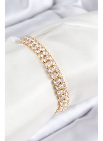 Pirinç Zirkon Taşlı Çift Sıra Kare Model Gold Renk Asansörlü Kadın Bileklik