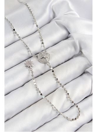 Pirinç Zirkon Taşlı Ezme Zincirli Madalyon Model Gümüş Renk Y Kolye