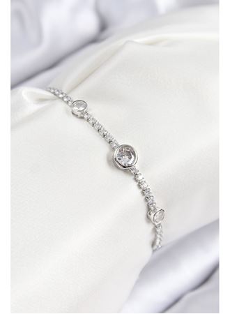 Pirinç Zirkon Taşlı Daire Model Gümüş Renk Asansörlü Kadın Bileklik