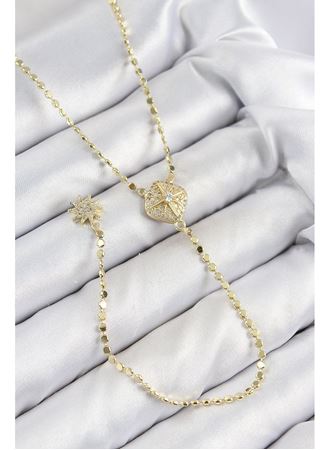 Pirinç Zirkon Taşlı Ezme Zincirli Madalyon Model Gold Renk Y Kolye