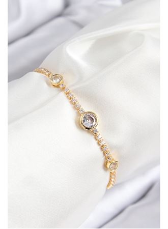 Pirinç Zirkon Taşlı Daire Model Gold Renk Asansörlü Kadın Bileklik