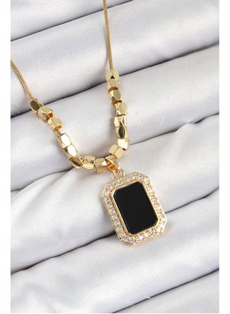 316L Çelik Zirkon Taşlı Siyah Baget Model Gold Renk Kadın Kolye