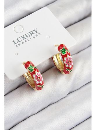 Pirinç Gold Renk Kırmızı Çiçek İşleme Mineli Kadın Küpe