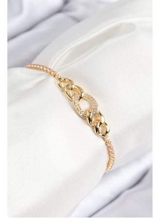 Pirinç Zirkon Taşlı Zincir Model Gold Renk Asansörlü Kadın Bileklik