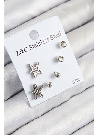 316L Çelik Zirkon Taşlı Deniz Yıldızı Model Gümüş Renk Kadın Set Küpe