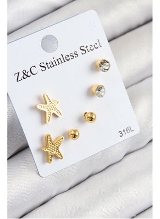 316L Çelik Zirkon Taşlı Deniz Yıldızı Model Gümüş Renk Kadın Set Küpe