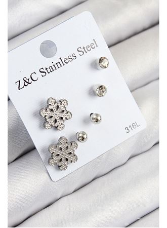 316L Çelik Zirkon Taşlı Kar Tanesi Model Gümüş Renk Kadın Set Küpe