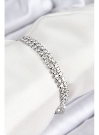 Pirinç Zirkon Taşlı Çift Sıra Model Gümüş Renk Asansörlü Kadın Bileklik