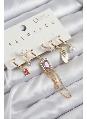Pirinç Zirkon Taşlı Sallantılı Ve İncili Gold Renk 6'lı Küpe Set