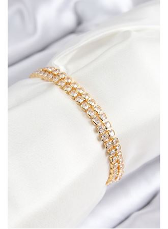 Pirinç Zirkon Taşlı Çift Sıra Model Gold Renk Asansörlü Kadın Bileklik