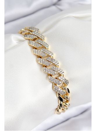 VIP Pirinç Zirkon Taşlı Cuba Model Gold Renk Kadın Bileklik