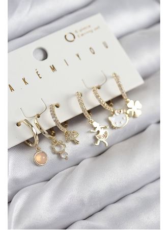 Pirinç Zirkon Taşlı Hello Kity Ve Yonca Model Gold Renk 6'lı Küpe Set